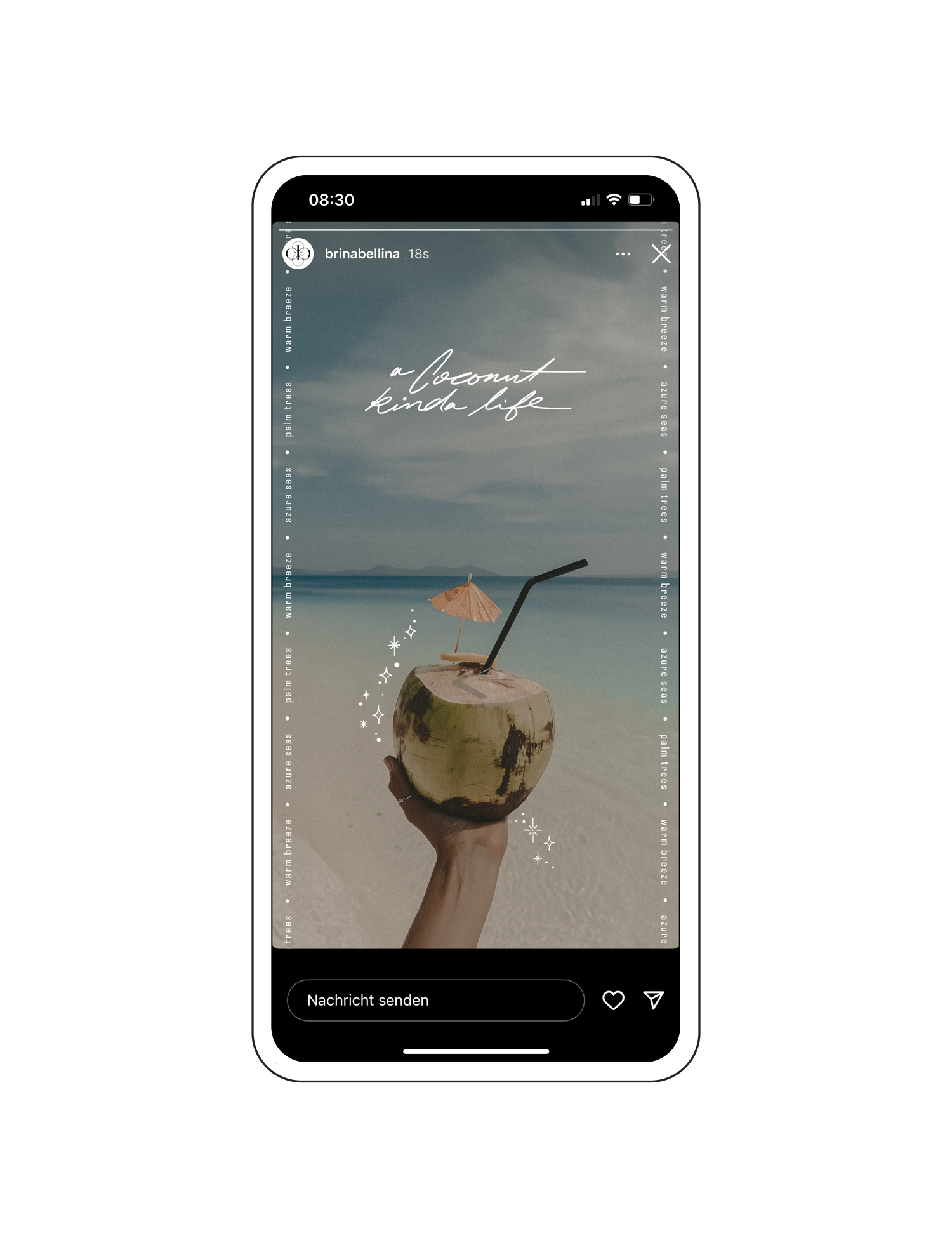 Verspieltes Instagram Story Design mit Glitzer-Stickern un dem 'a coconut kinda life' Schriftzug aus der 'Summer Magic' Instagram Story Sticker Kollektion.