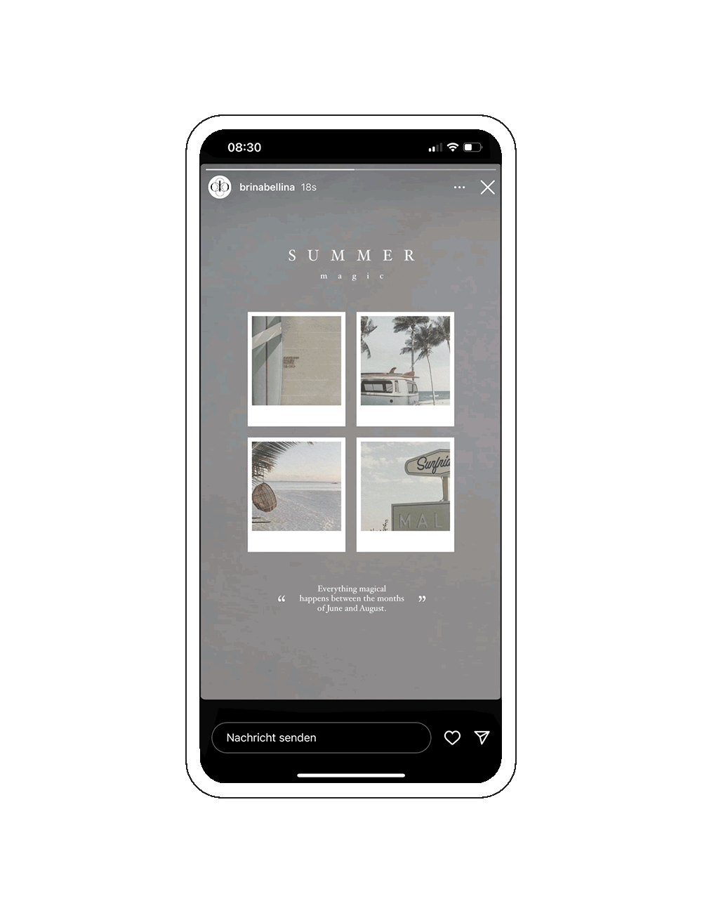 Gratis Instagram Story Template mit vier Polaroidbildern aus der 'Summer Magic' Instagram Story Sticker Kollektion.